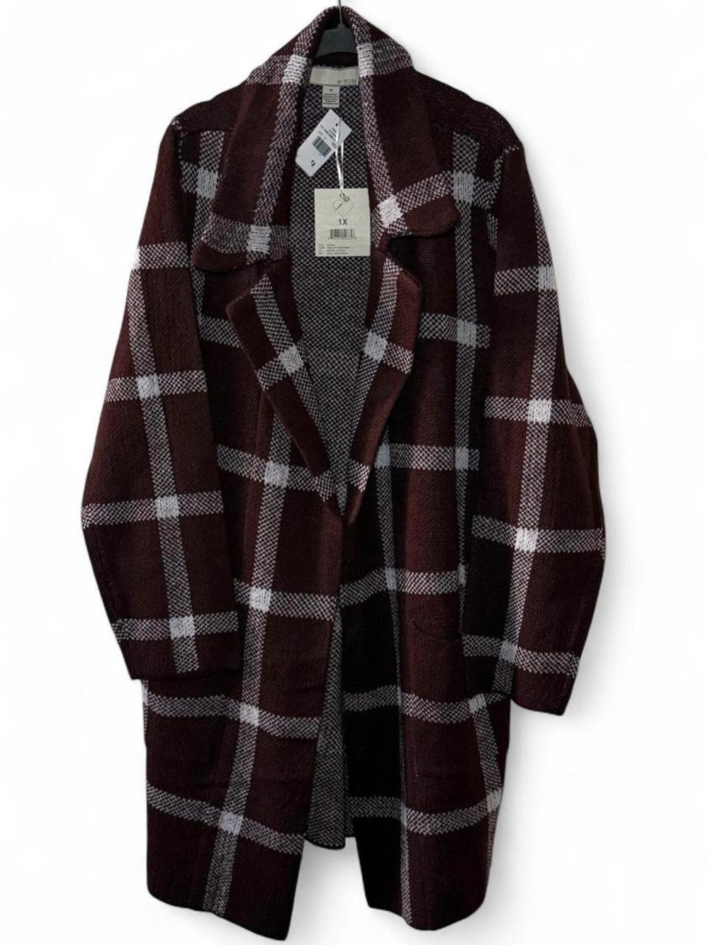 NWT By Design Plaid Knit Shacket Coatigan
Burgundy 1X